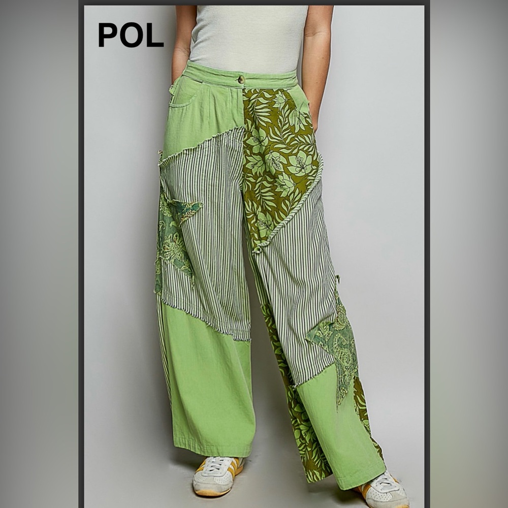 BPB224-2💚🤍NEW!POL pristine Green +cream Patchwork  Pants -one of a kind gorg!